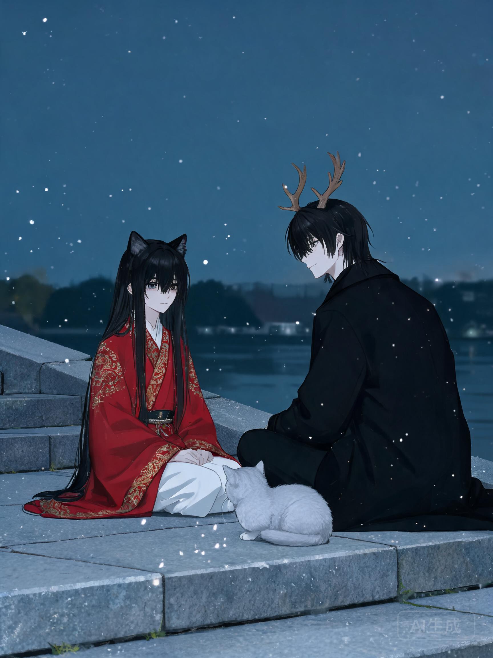 《猫耳》海报：雪夜水畔石阶上，猫耳红汉服少年与鹿角黑衣少年相对而坐，白猫卧于两人之间